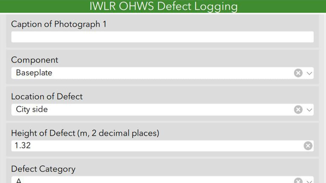 A screenshot of a defect logging interface titled 'IWLR OHWS Defect Logging'.