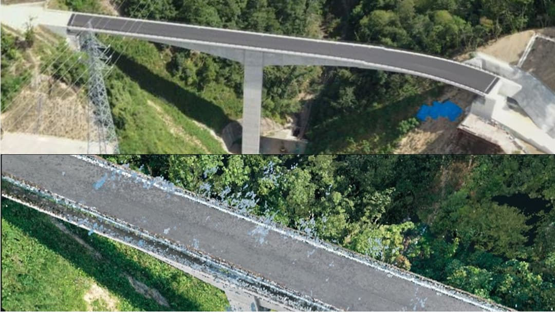 An aerial perspective of a sleek, modern bridge spanning a lush forested valley.