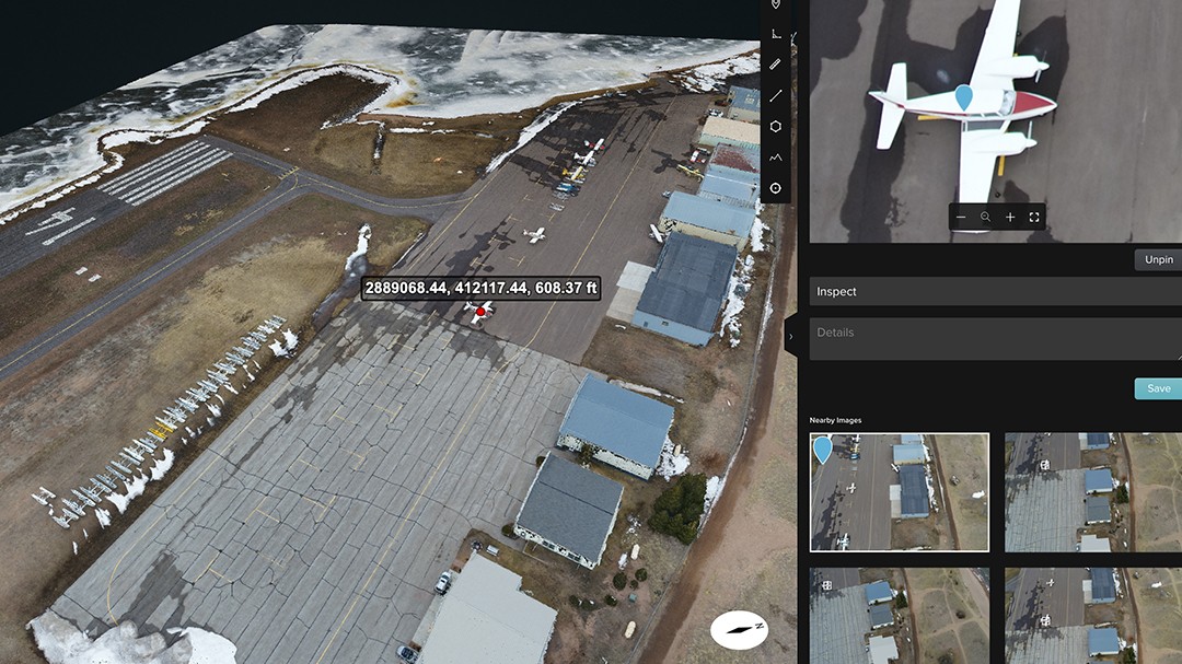 A Site Scan for ArcGIS interface showing an aerial view of a runway on the left, a top-down view of a small airplane at the top right, and image navigation on the bottom right