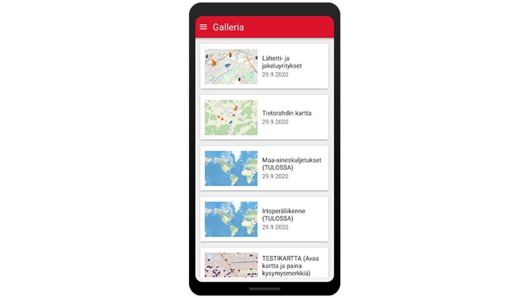 An example of the gallery of maps available to different users of the app.