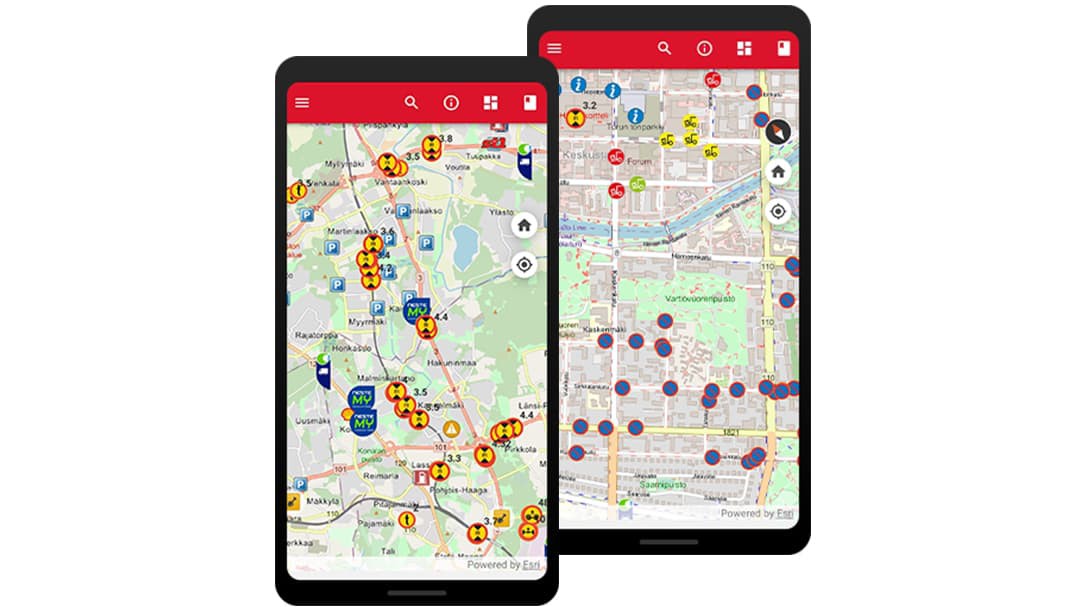 Two of the different maps available in the app, each displaying various layers of road information.