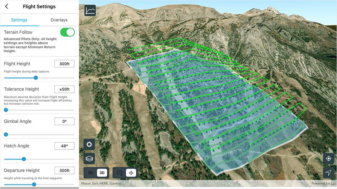 A digital interface displaying drone flight settings over a mountainous terrain.
