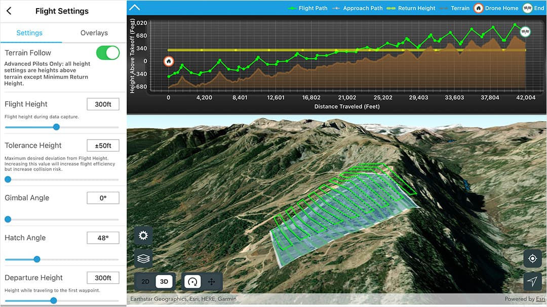 A digital interface showcasing drone flight settings alongside a 3D terrain map.