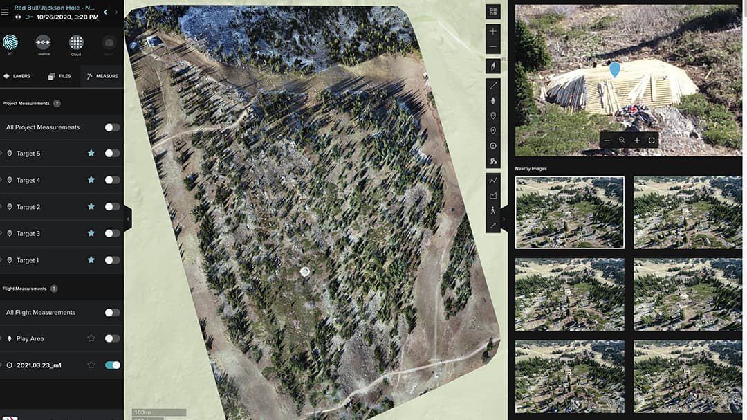 An aerial survey interface showcasing detailed terrain mapping and measurement tools.