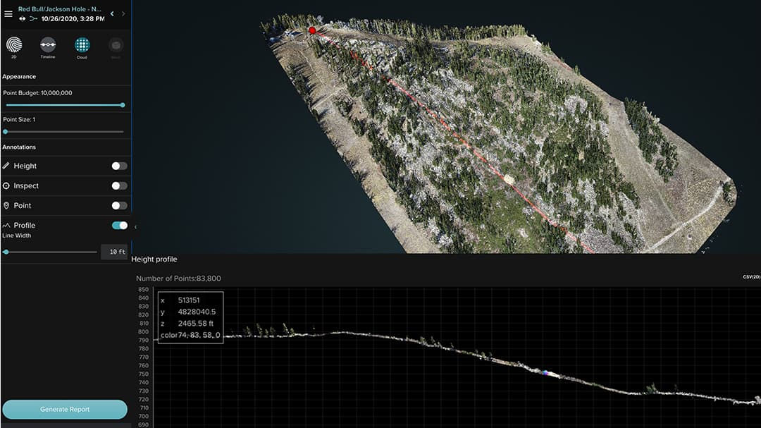 A detailed 3D terrain map showcasing elevation data and a plotted path across a forested area.