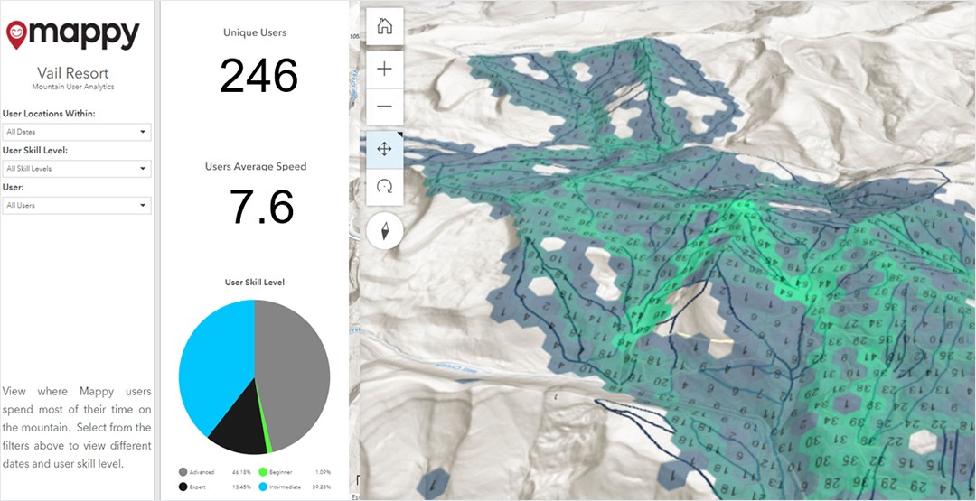 A dashboard featuring Mappy skier analytics for Vail Resort. 