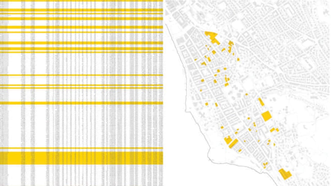 Luftbildansicht in CityEngine neben einer Tabelle mit Dateneinträgen