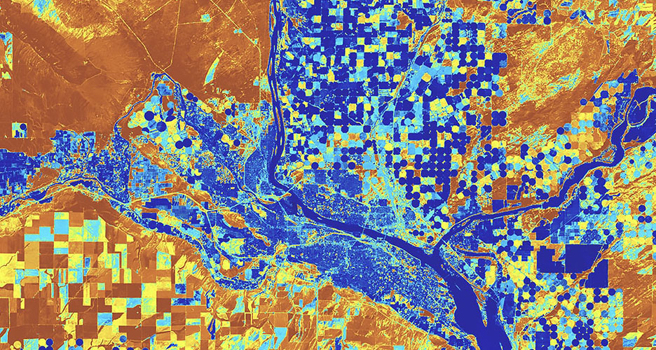 Die Auswirkungen der Abholzung werden mit einem Luftbild des Waldes von einer Drohne und geschichteten Farben z. B. Blau, Orange und Gelb dargestellt
