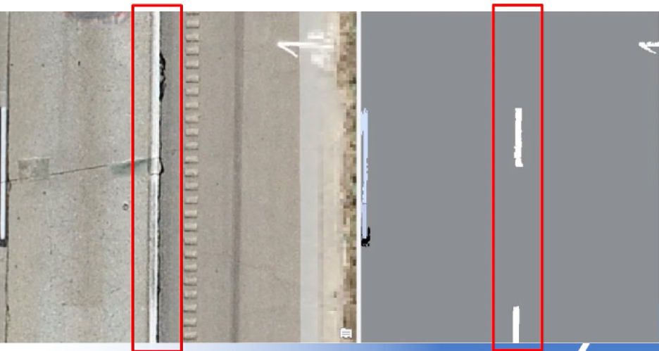 Eine Drohnenansicht einer Straße und die weiße Fahrbahnmarkierung werden analysiert, um die Qualität der Markierung zu bestimmen