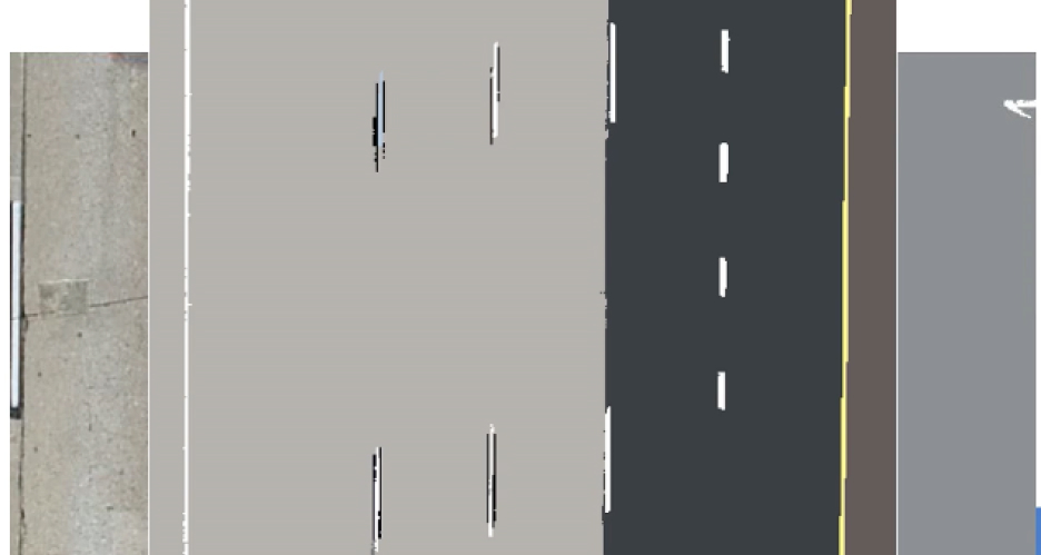  Eine Drohnenansicht von Straßen mit weißen Fahrbahnmarkierungen kann analysiert werden, um zwischen Oberflächen aus Beton und Asphalt zu unterscheiden.