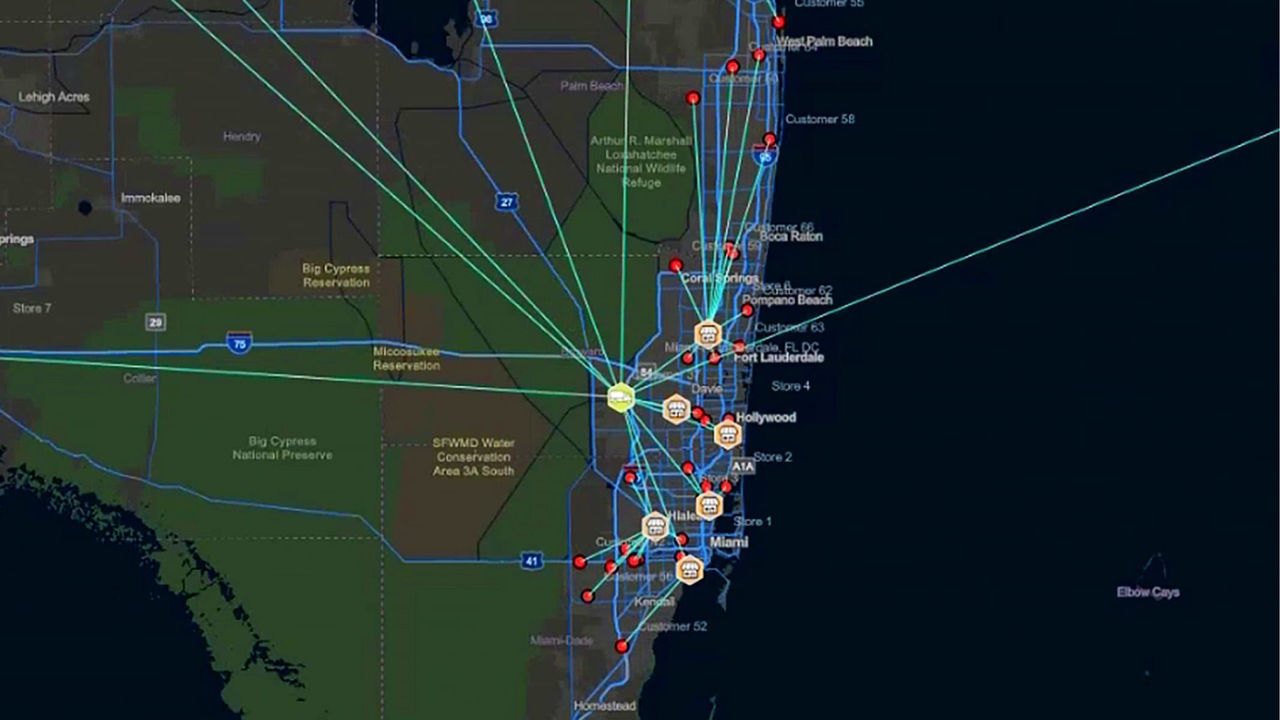 Eine Karte der Lieferkette an der Küste Floridas mit Anmerkungen zu verschiedenen Zielorten in den gesamten USA