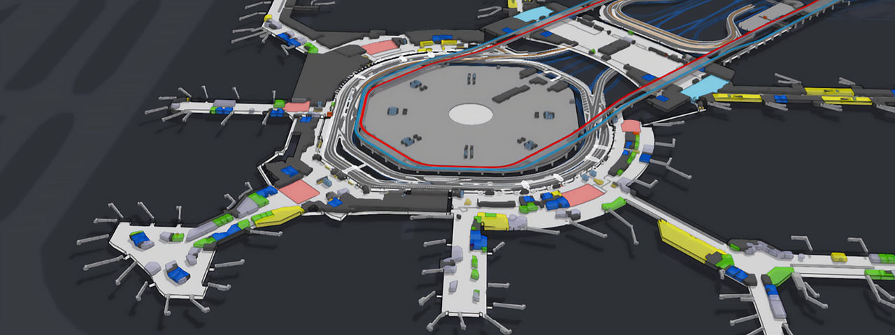 Detailliertes 3D-Architekturmodell eines großen, runden Stadionbaus in der Mitte. 