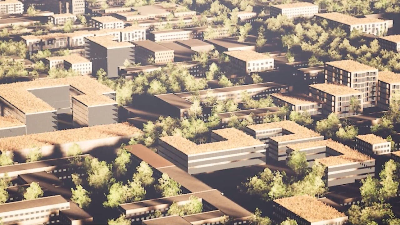 A 3D model of the Technical University of Denmark with buildings in brown and white and detailed green trees