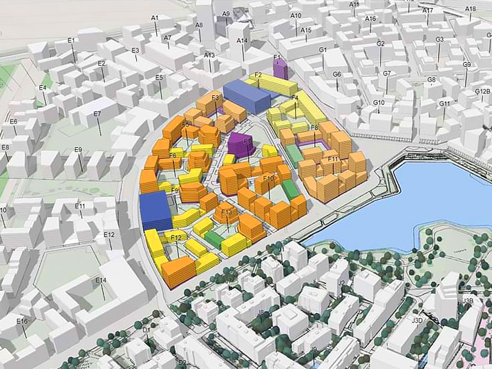 Screenshot courtesy of Wien3420 showing a 3D map of buildings in aspern Seestadt and a readout of total embodied CO2 emissions to measure building performance and efficiency.