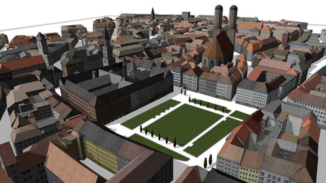 Aerial view of CityEngine rendering of building reconstruction in Munich
