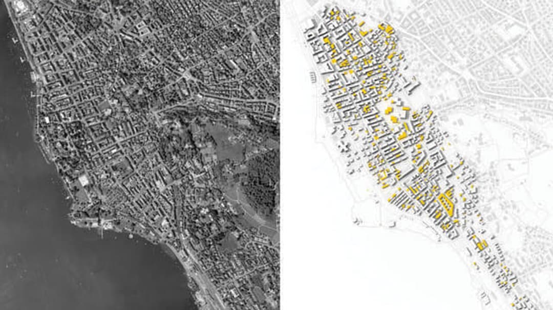 Side by side picture of black and white aerial view of city and CityEngine rendering