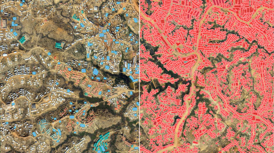 Drone imagery of the Kutupalong refugee camp in Bangladesh shows tents and latrines highlighted in red and blue 