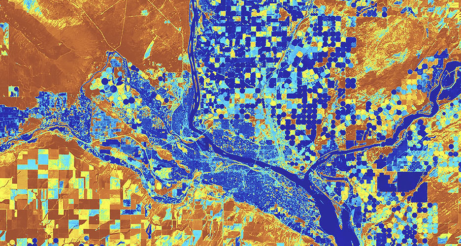 Impacts of deforestation are shown with an aerial drone view of forest and layered colors including blue, orange, and yellow