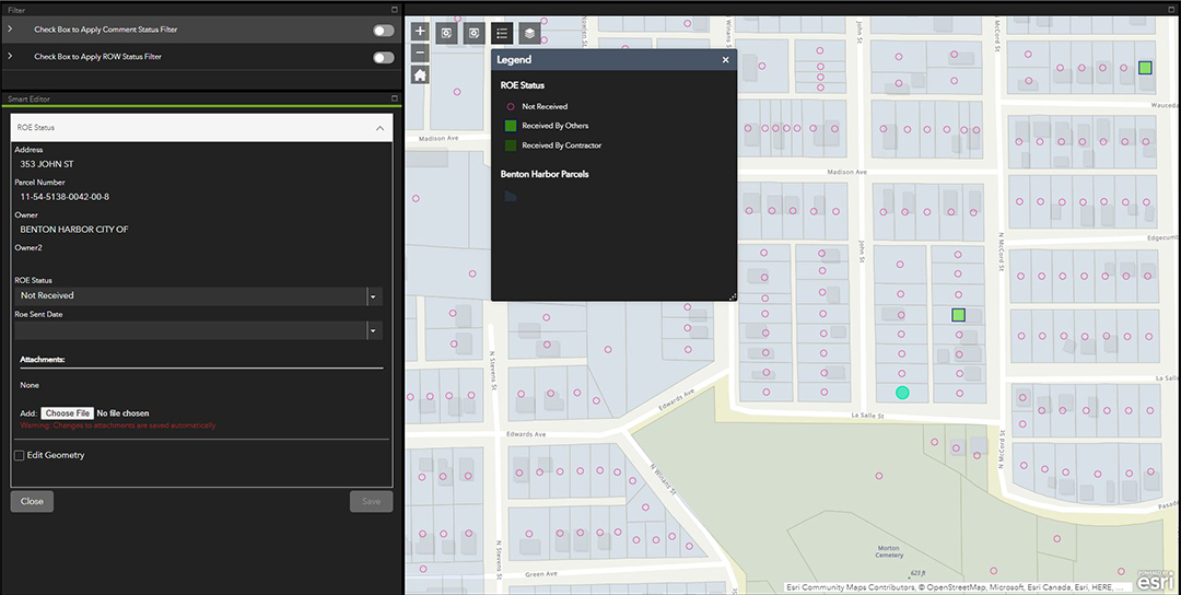 A screenshot of the Administrative Desktop App showing an aerial view of city streets and properties with customizable information fields to the left.