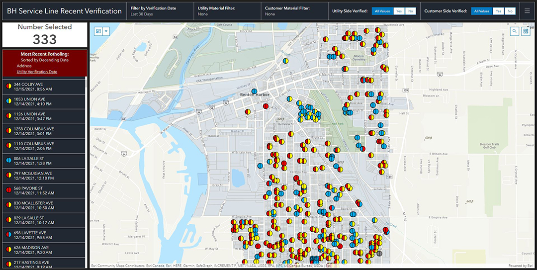 : A screen capture of the Service Line Recent Verification tracking dashboard with an aerial view of streets, properties, and surrounding topography.