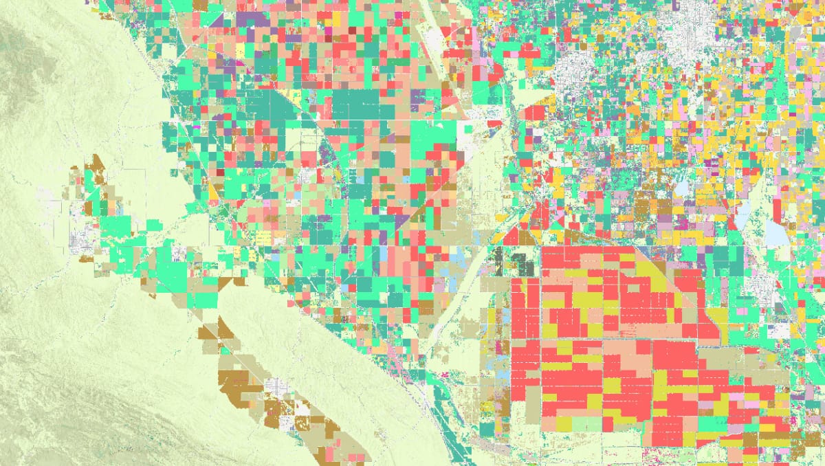 A colorful map of land cover and crop types in agricultural fields in Southern California’s Coachella and Imperial Valleys. It shows different crop types, irrigation patterns, and nearby deserts and cities.