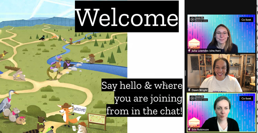 Screenshot of the intro screen for the Openscapes Celebrity Interview. A green cartoon pasture with the word welcome next to the screens of Dawn Wright Julia Lowndes and Erin Robinson