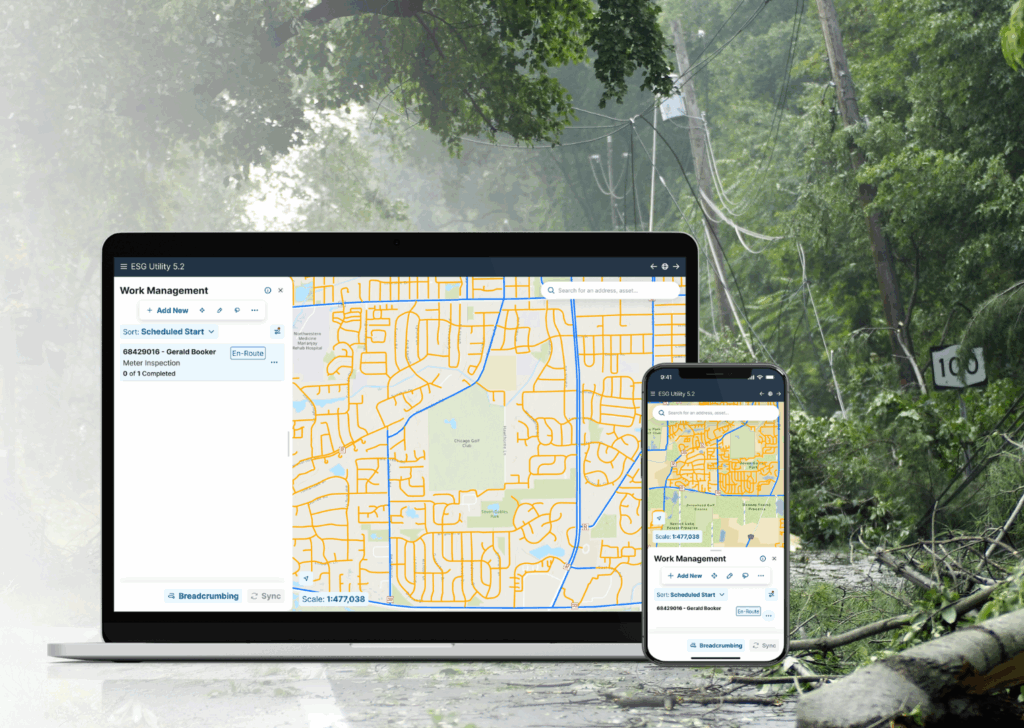 A laptop and smartphone displaying Esri utility work management mapping software with a forest background.