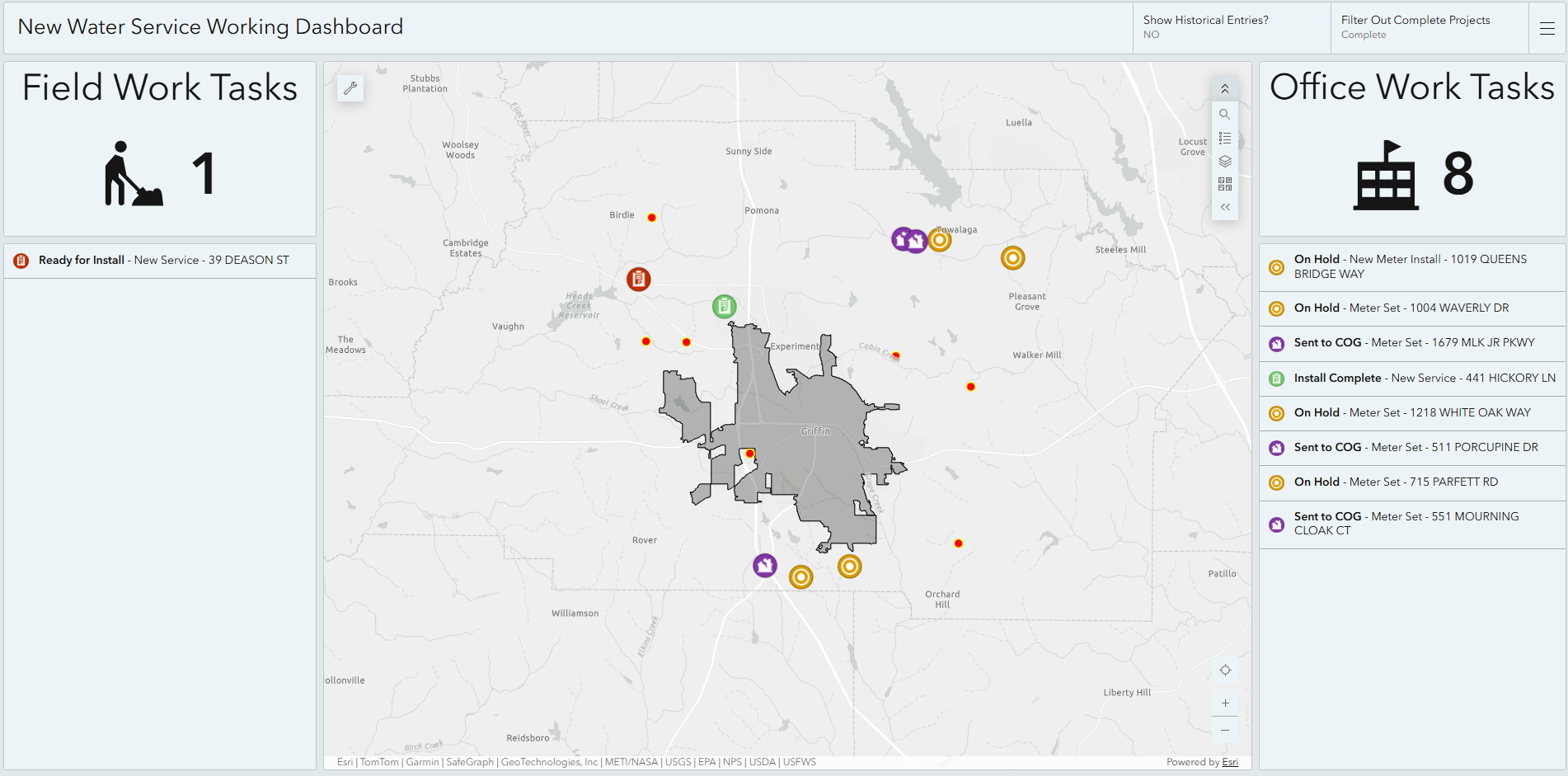 The New Water Service Working Dashboard displays the status of water service installations from request to completion, giving staff real-time visibility into work assignments, project progress, and service updates through a centralized GIS platform.