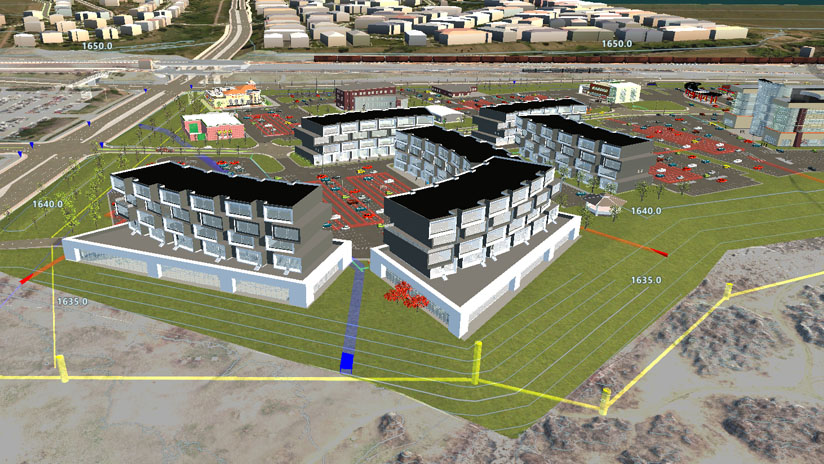 Aerial view of a BIM and GIS building model