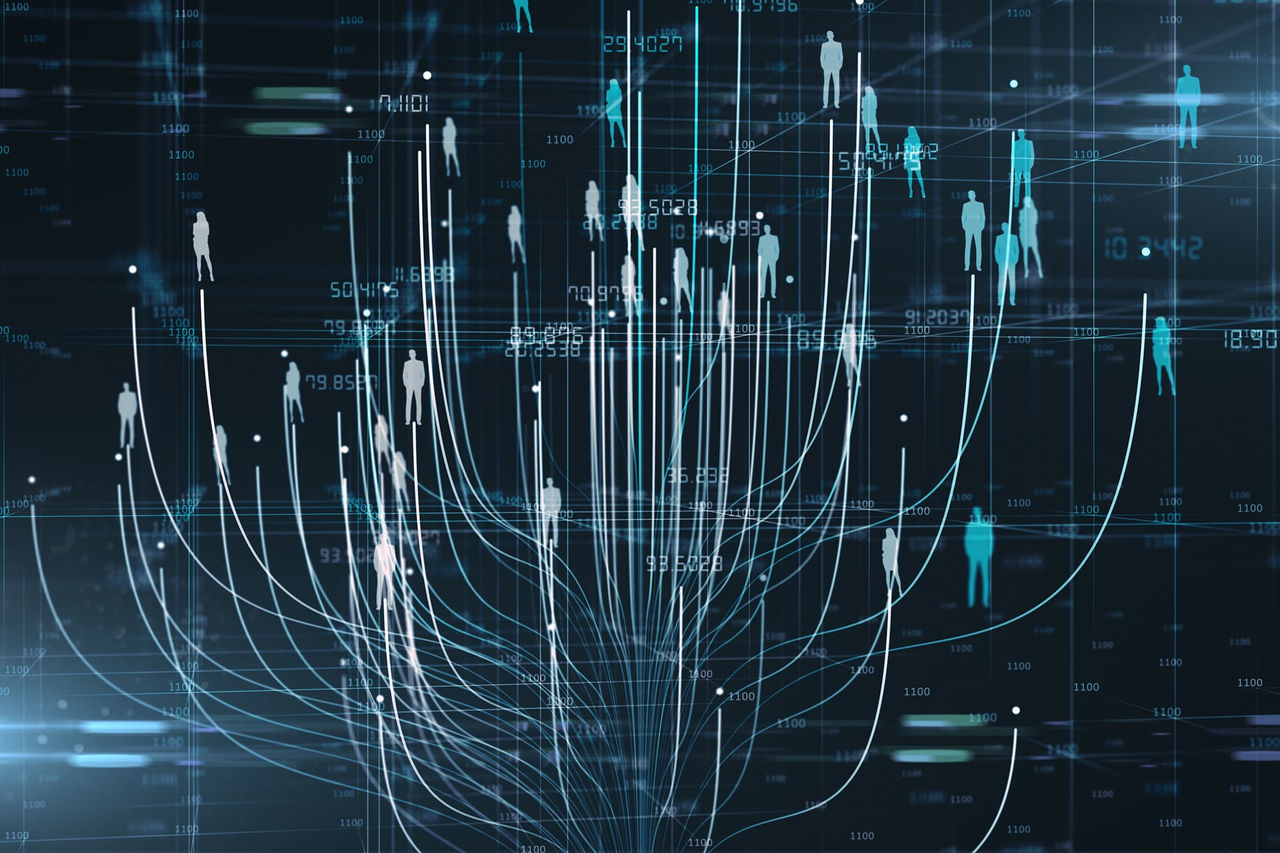 An abstract digital network with stylized human figures connected by flowing lines, representing data or social connections