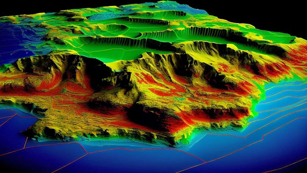 Topographic map showing mountains, cliffs, and craters in green, brown, and blue