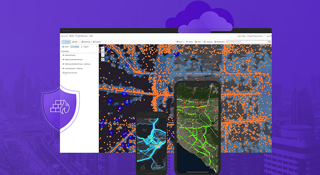 A desktop monitor and two mobile devices display detailed digital maps with vibrant data overlays. 