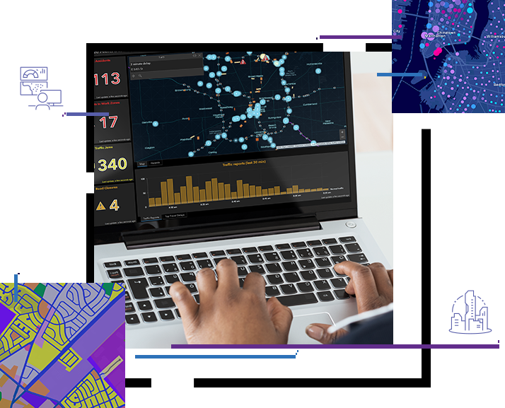 A person interacts with a laptop displaying complex data visualizations, including graphs, charts, and network diagrams.