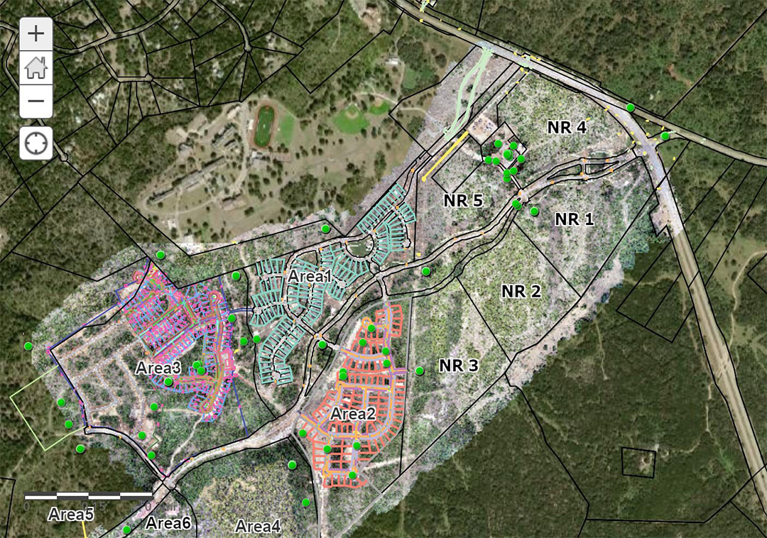 La Cima construction areas mapped in pink, orange, and blue, and green dots representing locations of images collected 