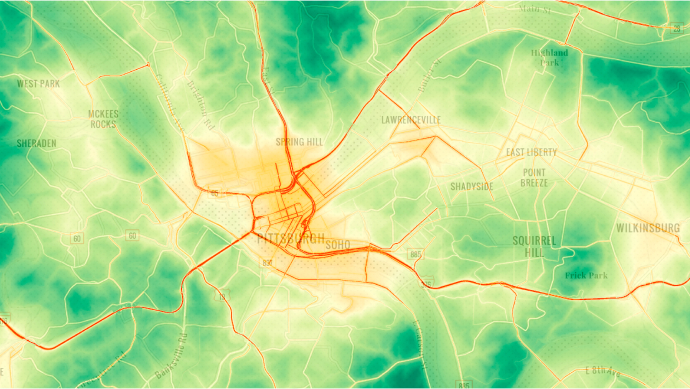 This map produced by Dr. Albert Presto of Carnegie Mellon University shows levels of Nitrogen Dioxide (NO2) exposure in Pittsburgh, the result of vehicle and factory emissions that can be harmful to health and the environment.