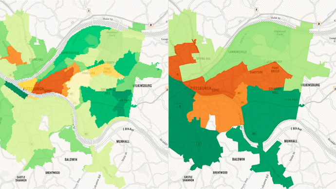 The map on the left displays data about existing EV ownership in Pittsburgh. The map on the right shows expected EV ownership by 2030.