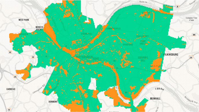 A map shows areas within a 10-minute drive time to an existing EV charger in Pittsburgh.