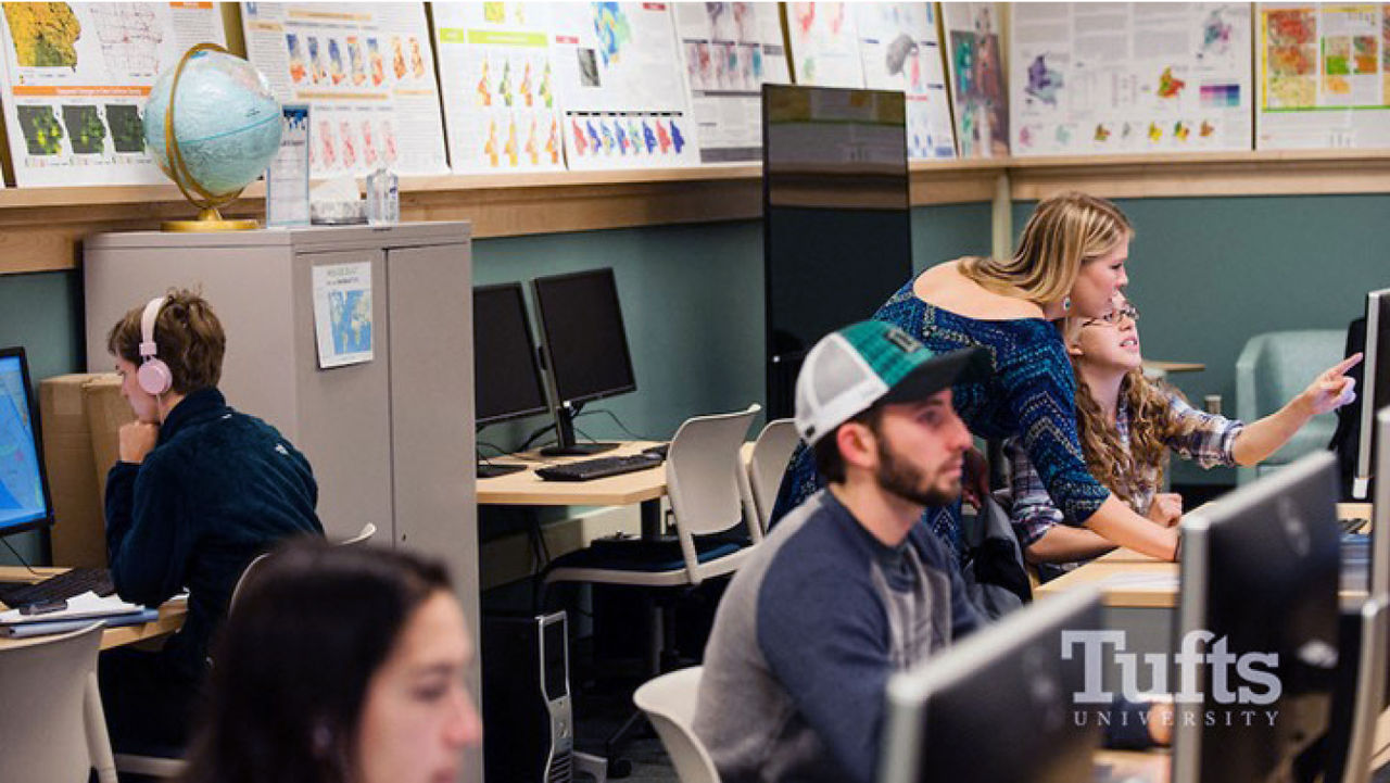 Carolyn Talmadge, Data Lab Services Manager at Tufts University works with a former colleague and lab assistant Madeline Wrable (current ESRI employee). 