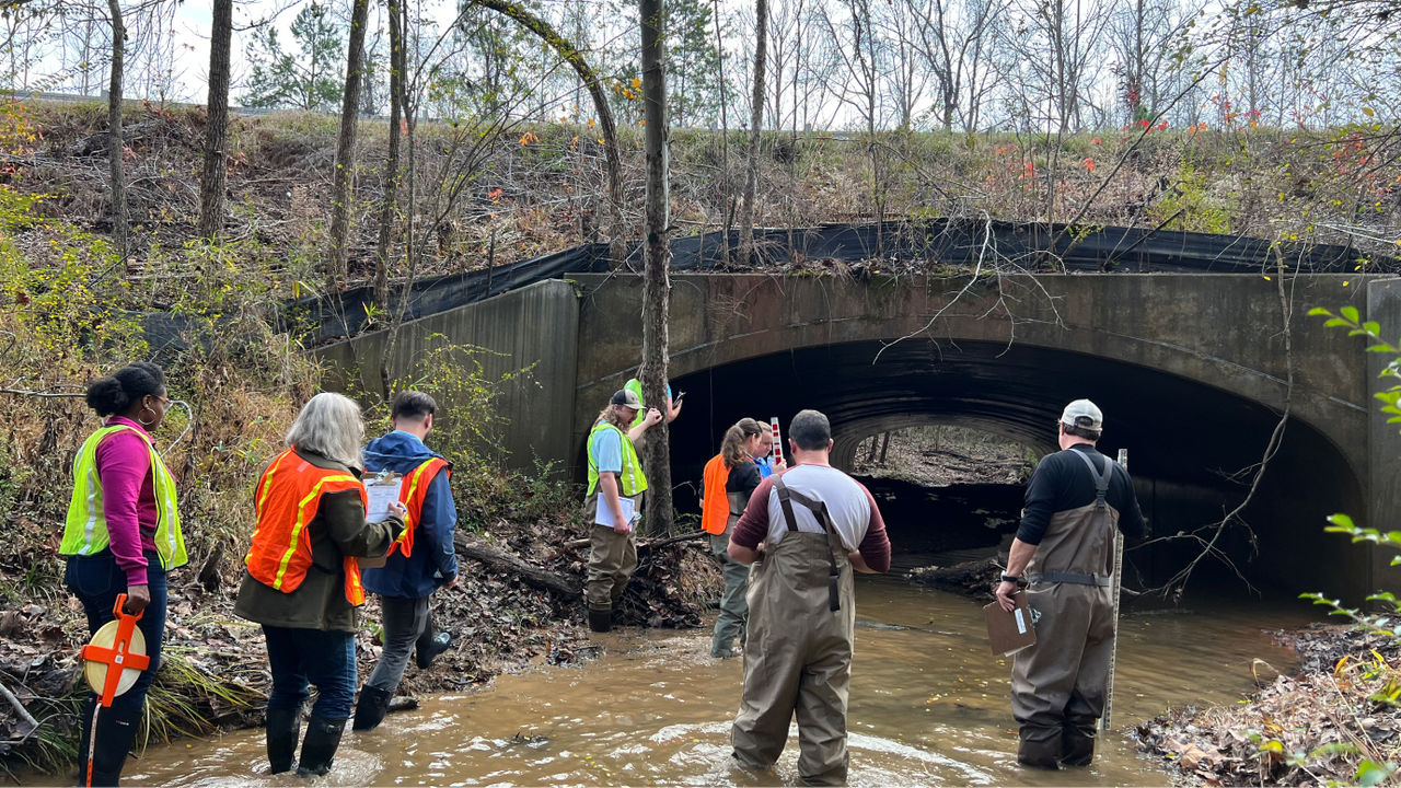 Sarp partners looking at a bridge while evaluating a stream running underneath it