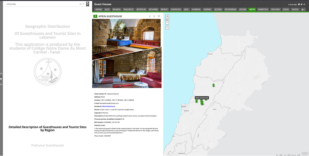 A map with green icon selected that shows the location of a guesthouse and dialogue box with pictures and details