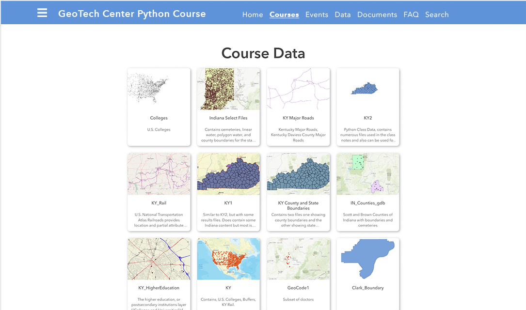 Screenshot of the Python Hub site showing eight course tiles with map images and description of the course