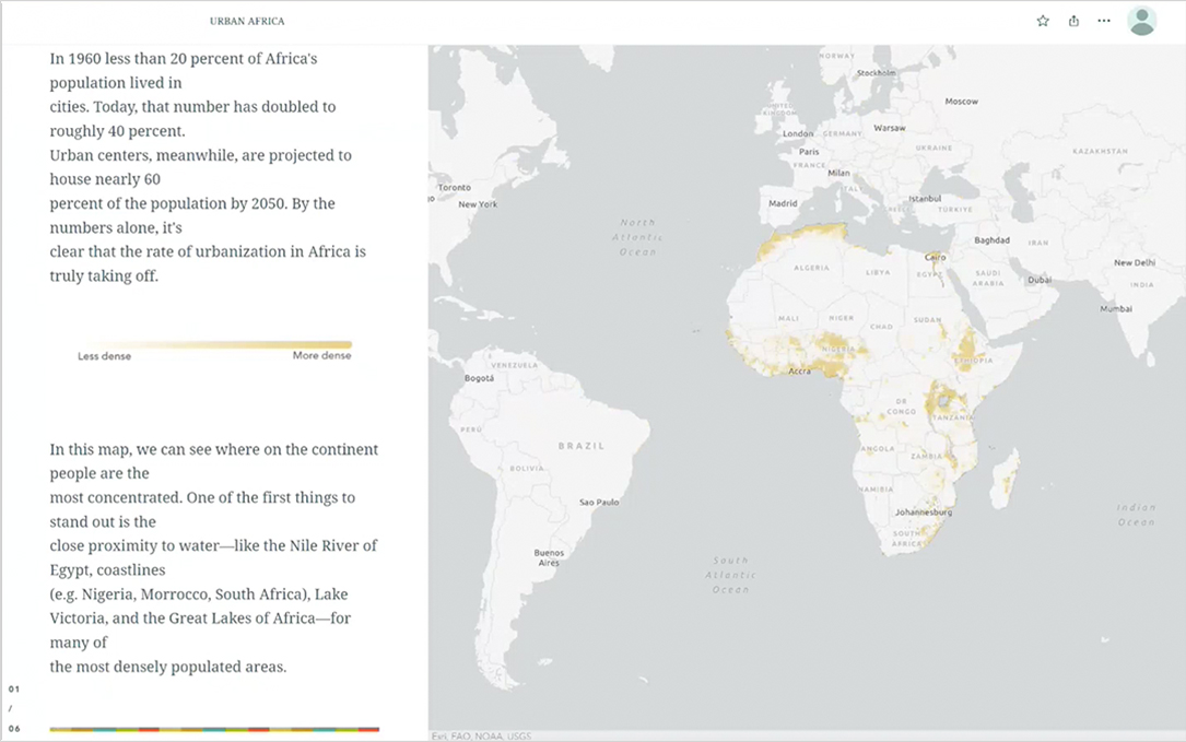 A digital story map featuring text about the project and a map of Africa with yellow dots indicating dense urban populations