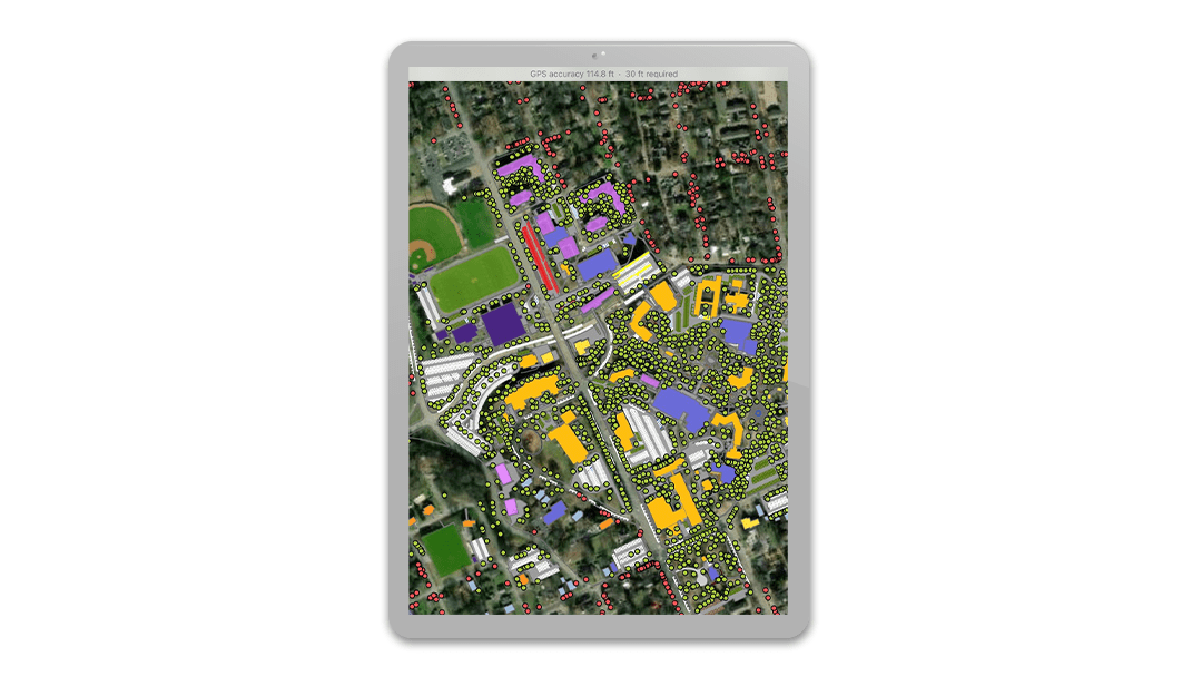 A map of the campus with green and red dots and areas highlighted in shades of purple and yellow