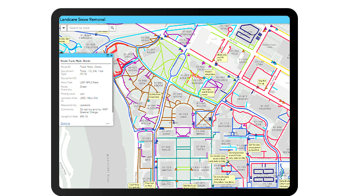 A map of campus roads, sidewalks, and plazas sorted by route color with a snow hazard layers legend on right