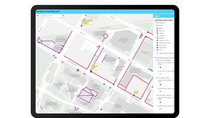 A section of campus color coded to indicate a specific route with a snow hazard layers legend on right