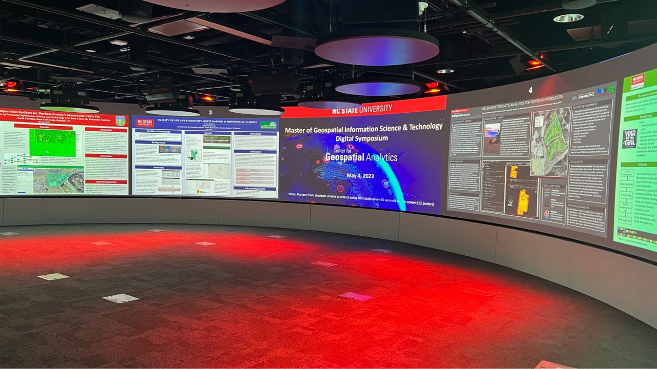 NCSU Digital Symposium room with dramatic red lighting and immersive projector screens surrounding the viewing floor