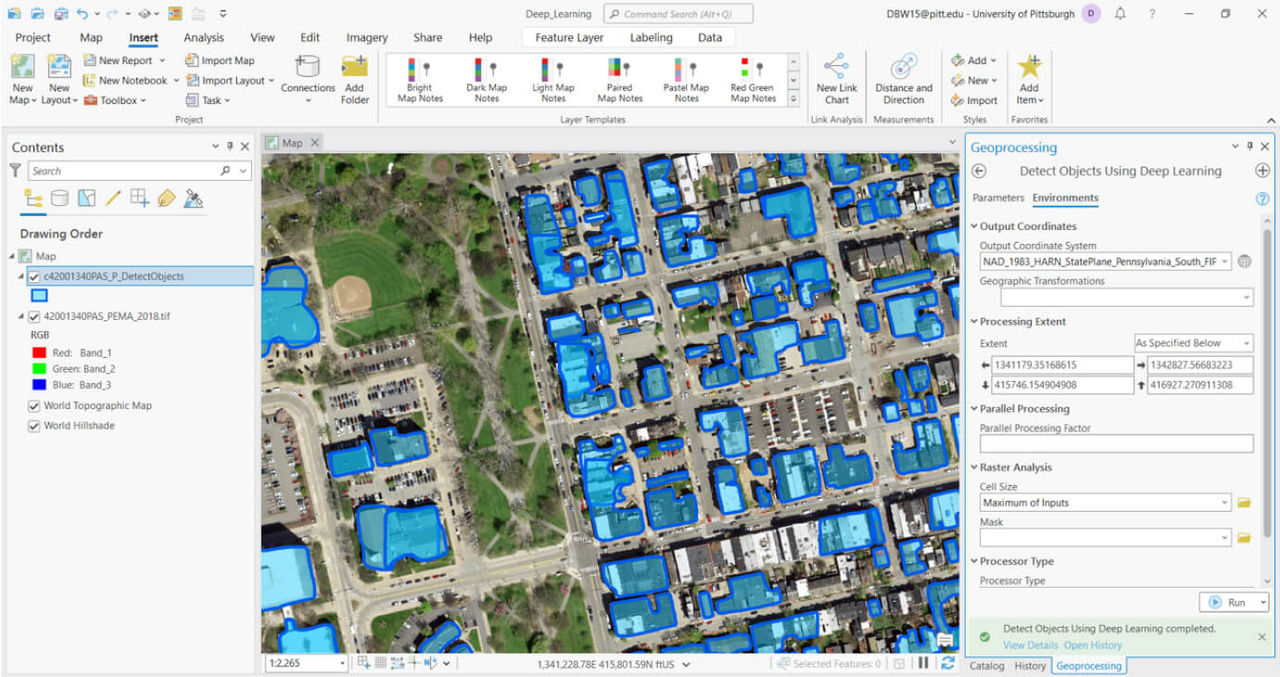 Screenshot of a deep learning model result in ArcGIS Pro showing a Pittsburgh neighborhood with buildings identified by blue highlights and outlines