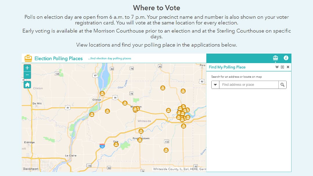 Screenshot of Whiteside County's election ArcGIS Hub site