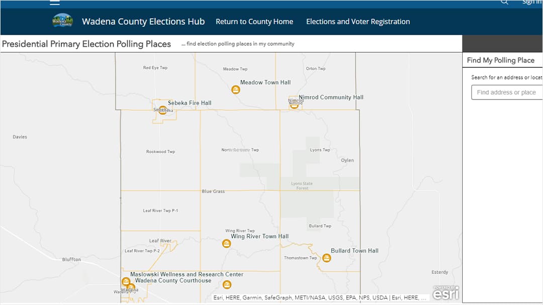 Screenshot of Wadena County's election ArcGIS Hub site