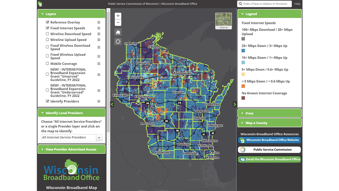 Wisconsin Broadband Office's map and dashboard detailing household internet speeds